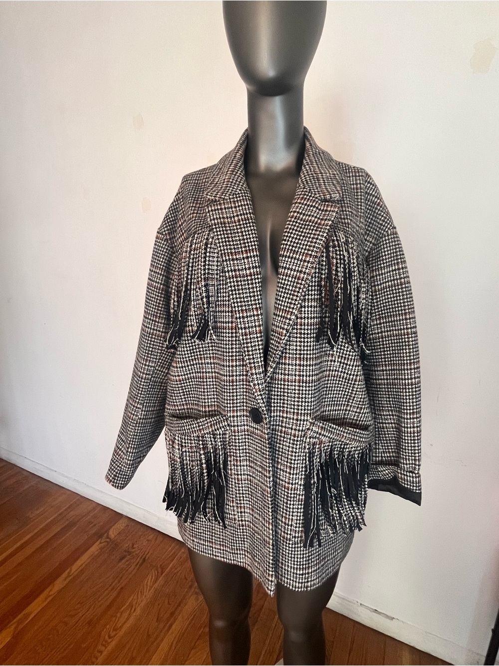 Fringe Plaid Blazer Jacket in Black and White